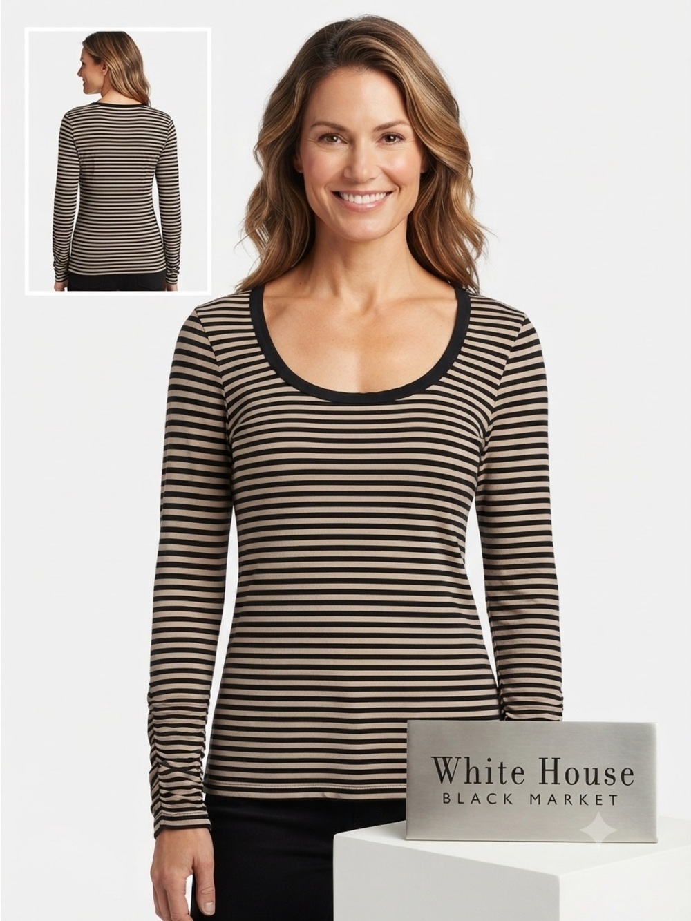 White House Black Market Stripped Ruched Long Sleeve Top Small